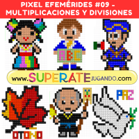 Pixeles de Efemérides de Septiembre con actividades de multiplicaciones y divisiones para primaria.